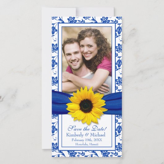 Sunflower Blue Floral Ribbon Wedding Save Date Save The Date (Voorkant)