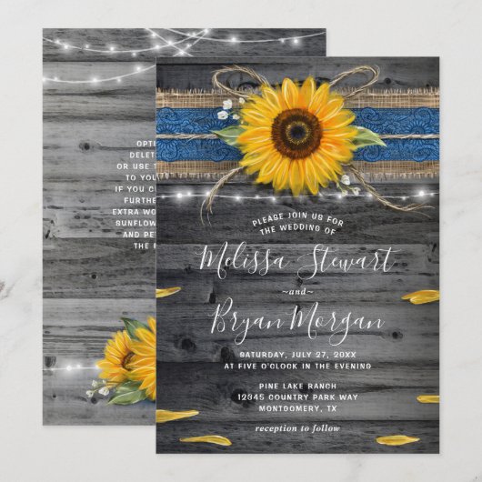 Sunflower Blue Lace Rustic Wood Wedding Kaart (Voorkant / Achterkant)
