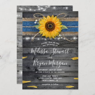 Sunflower Blue Lace Rustic Wood Wedding Kaart