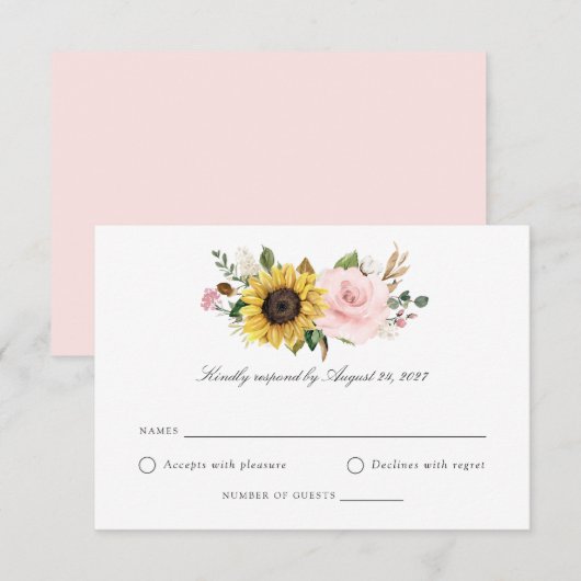 Sunflower Blush Floral Greenery Wedding Carte RSVP (Devant / Derrière)