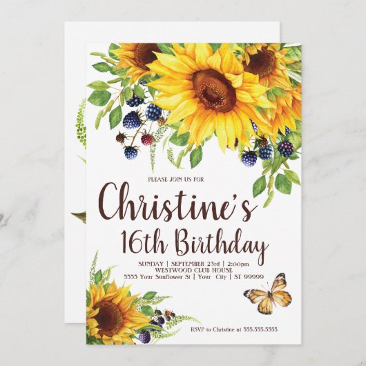 Sunflower Boho Birthday Uitnodiging (Voorkant / Achterkant)