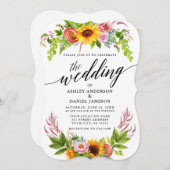 Sunflower Boho Floral Calligraphy Wedding Kaart (Voorkant / Achterkant)
