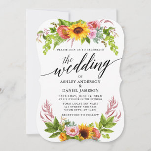 Sunflower Boho Floral Calligraphy Wedding Kaart