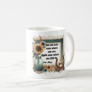 Sunflower Boot Mug, "God Sees Where You Can Be" Koffiemok