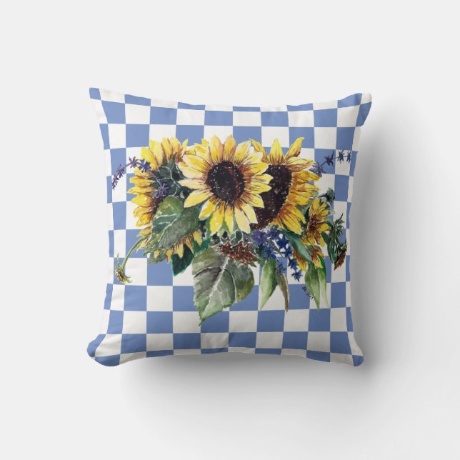 Sunflower Bouquet on Blue Checks Kussen (Voorkant)