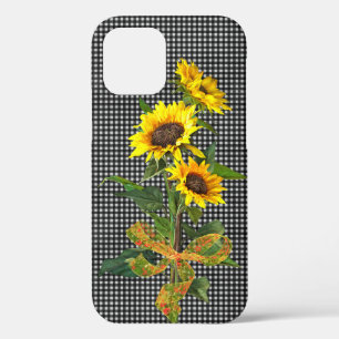 Sunflower Bouquet op Black Gingham iPhone 12 Hoesje