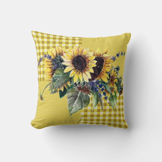 Sunflower Bouquet op Gellow Gingham Pattern Kussen (Voorkant)