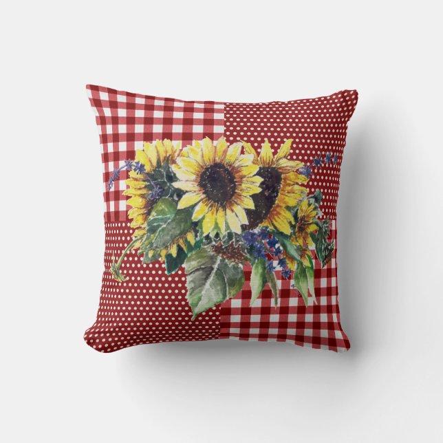 Sunflower Bouquet op Red Gingham Pattern Kussen (Voorkant)