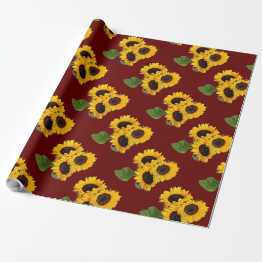Sunflower Bouquet Pattern Burgundy Gift Wrap Roll Cadeaupapier (Uitgerold)