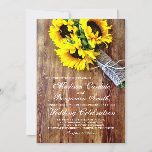 Sunflower Bouquet Rustic Country Wedding Invites Kaart (Voorkant)