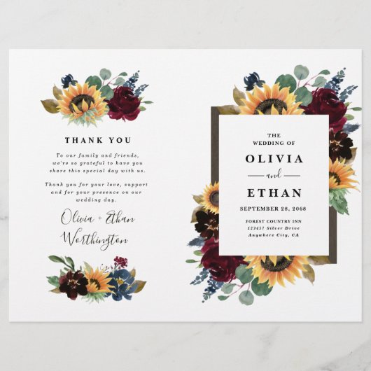 Sunflower Bourgogne Bleu Programmes de mariage pli (Devant)