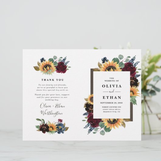 Sunflower Bourgogne Bleu Programmes de mariage pli (Debout devant)