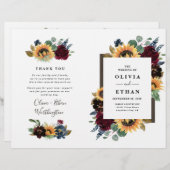 Sunflower Bourgogne Bleu Programmes de mariage pli (Devant / Derrière)