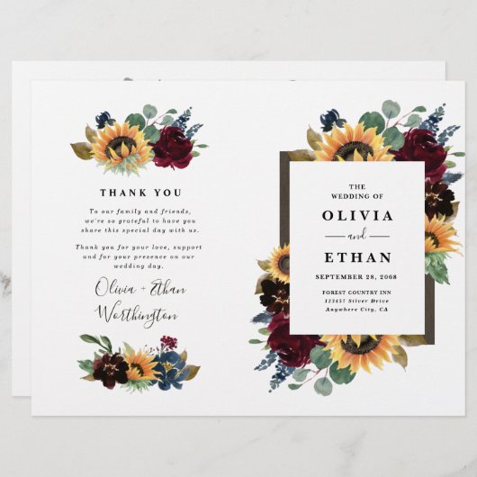 Sunflower Bourgogne Bleu Programmes de mariage pli (Devant / Derrière)