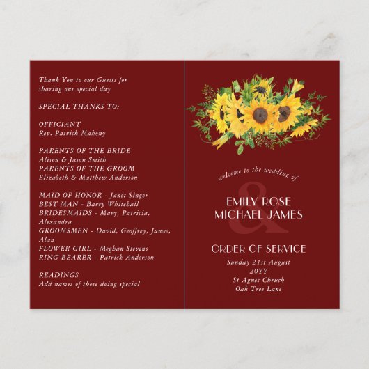 Sunflower Bourgogne Programme de mariage ou autre (Devant)