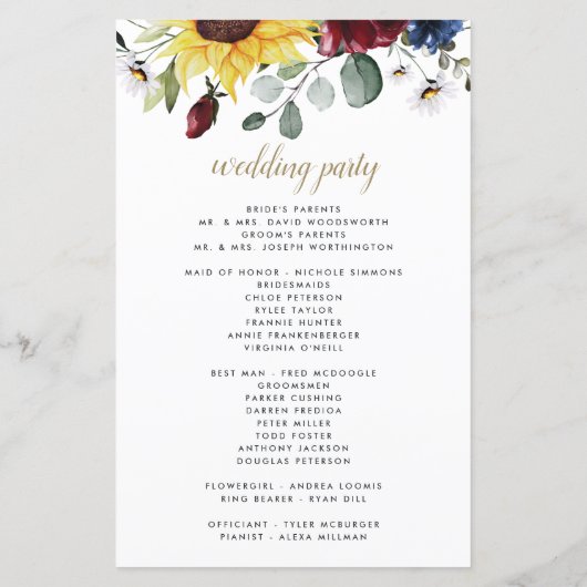 Sunflower Bourgogne Rose Programmes de mariage (Dos)