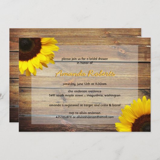 Sunflower Bridal Shower Invitation Kaart (Voorkant / Achterkant)