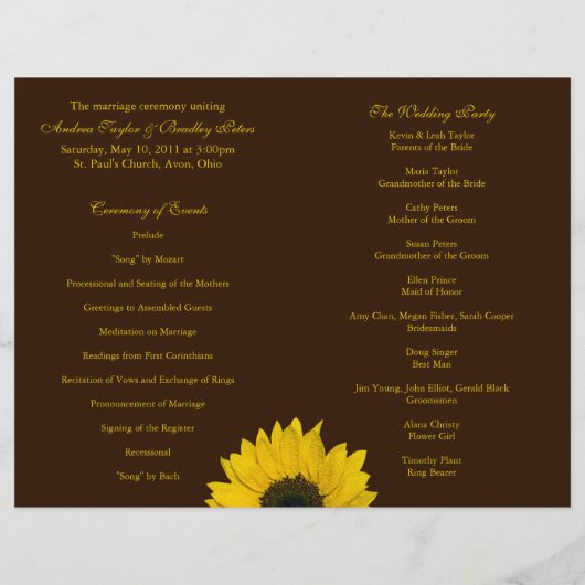 Sunflower Brown Programme de mariage jaune (Dos)
