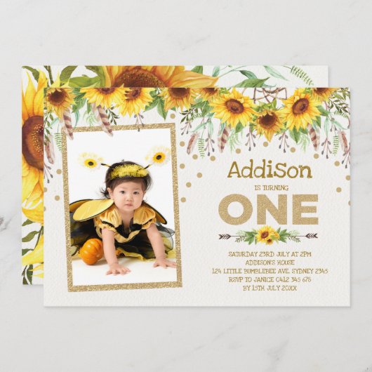 Sunflower Bumblebee Première invitation anniversai (Devant / Derrière)