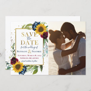 Sunflower Burgundy Blue Floral Foto Save the Date