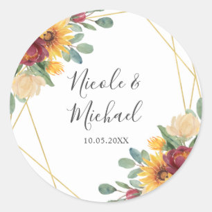 Sunflower Burgundy Floral Gold Geometric Wedding Ronde Sticker