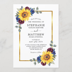 Sunflower Burgundy Navy Floral Gold Border Weduwen Kaart