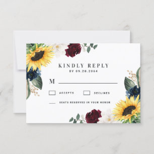 Sunflower Burgundy Red en Navy Blue Rozen Weddensc RSVP Kaartje