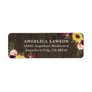 Sunflower Burgundy Red Roses Rustic Wood Weddensch Etiket