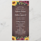 Sunflower Burgundy Roos Border Wood Weddenschap Programma (Voorkant)