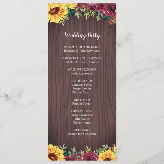 Sunflower Burgundy Roos Border Wood Weddenschap Programma (Achterkant)