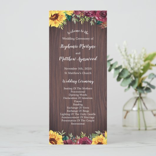Sunflower Burgundy Roos Border Wood Weddenschap Programma (Staand voorkant)
