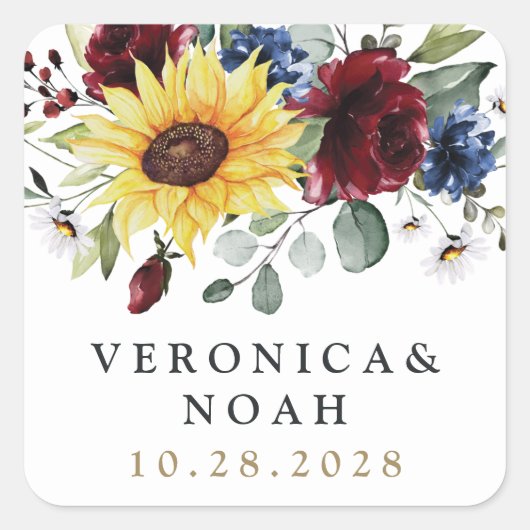 Sunflower Burgundy Rozen Navy Blue Rustic Wedding Vierkante Sticker (Voorkant)
