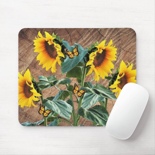 Sunflower Butterflies Rustic Barn Board Muismat (Met muis)