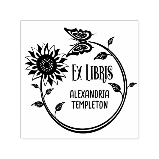 Sunflower Butterfly Ex Libris Library Boeknaam Zelfinktende Stempel (Design)