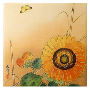 SUNFLOWER, BUTTERFLY, GROEN VERLAAT Japanse Floral Tegeltje