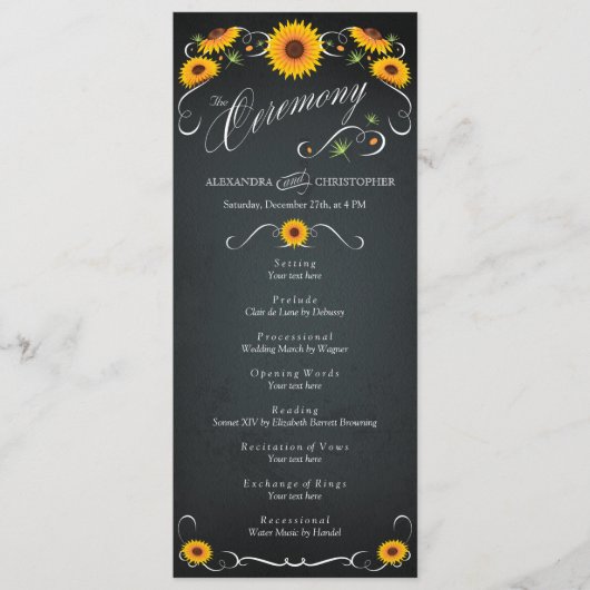 Sunflower Chalkboard Vintage Wedding Programme (Devant)
