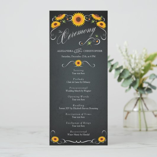 Sunflower Chalkboard Vintage Wedding Programme (Debout devant)