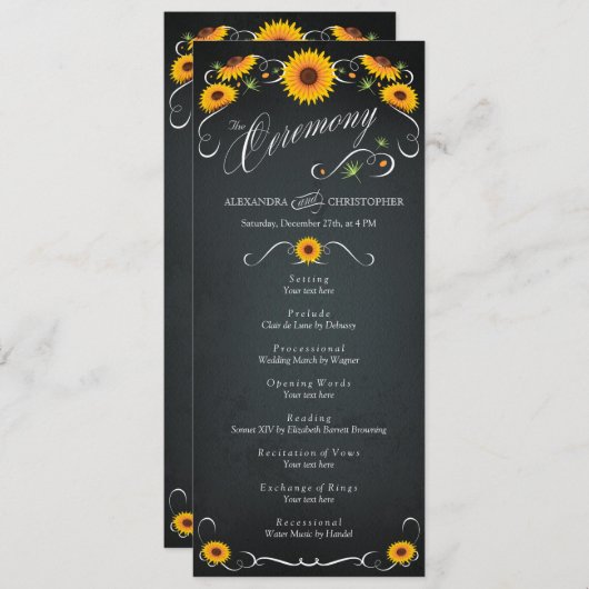 Sunflower Chalkboard Vintage Wedding Programme (Devant / Derrière)