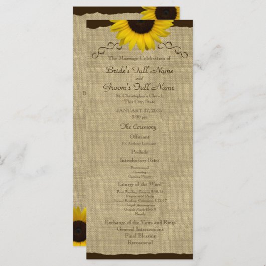 Sunflower Country Burlap Wedding Programma (Voorkant / Achterkant)