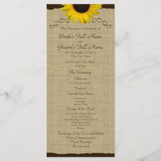 Sunflower Country Burlap Wedding Programma (Voorkant)