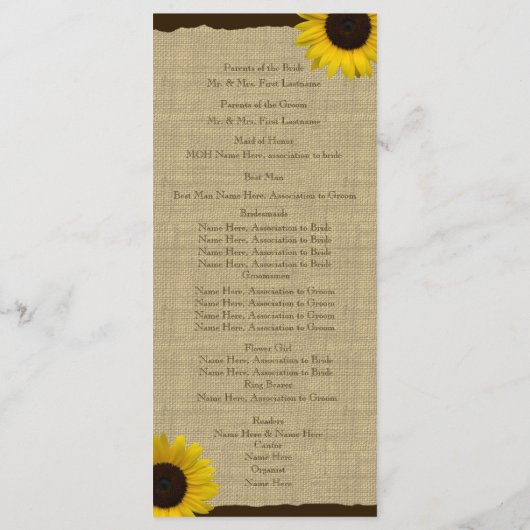 Sunflower Country Burlap Wedding Programme (Dos)