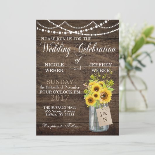 Sunflower Country Mason Jar Faire-part de mariage (Debout devant)
