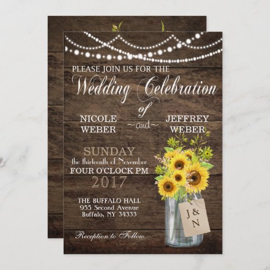 Sunflower Country Mason Jar Faire-part de mariage (Devant / Derrière)