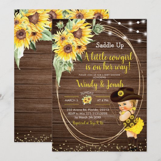 Sunflower Cowgirl invitation Baby shower rustique (Devant / Derrière)