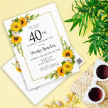 Sunflower Daisy 40th Birthday Party Invitation<br><div class="desc">Jolie invitation tournesol jaune floral 40ème anniversaire. Les tourbières jaunes et les marguerites blanches se mêlent aux tournesols. Un cadre en or rectangulaire lui donne une ambiance élégante. Très facile à customiser. Le fond est doté d'un bouquet de tournesol. C'est parfait pour un anniversaire d'été. Cet article fait partie de...</div>