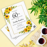 Sunflower Daisy 60th Birthday Party Invitation<br><div class="desc">Jolie invitation de tournesol jaune floral 60ème anniversaire. Les tourbières jaunes et les marguerites blanches se mêlent aux tournesols. Un cadre en or rectangulaire lui donne une ambiance élégante. Très facile à customiser. Le fond est doté d'un bouquet de tournesol. C'est parfait pour un anniversaire d'été. Cet article fait partie...</div>