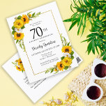 Sunflower Daisy 70th Birthday Party Invitation<br><div class="desc">Jolie invitation de tournesol jaune floral 70ème anniversaire. Les tourbières jaunes et les marguerites blanches se mêlent aux tournesols. Un cadre en or rectangulaire lui donne une ambiance élégante. Très facile à customiser. Le fond est doté d'un bouquet de tournesol. C'est parfait pour un anniversaire d'été. Cet article fait partie...</div>