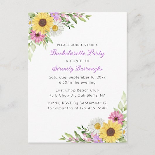 Sunflower Daisy Boho Spring  Garden Bachelorette Uitnodiging Briefkaart (Voorkant)