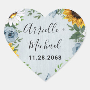 Sunflower Dusty Blue Country Rustige Rozen Weddens Hart Sticker