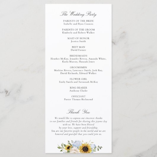 Sunflower Dusty Blue Floral Rustic Wedding Program Programma (Achterkant)